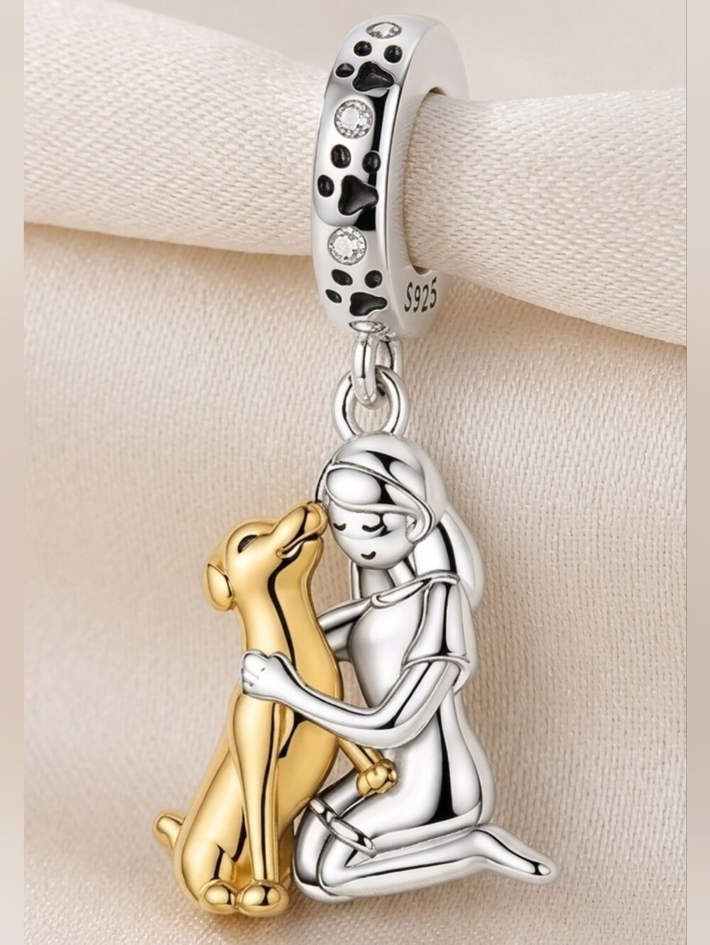 Sterling Silver Two-Tone Girl and Dog Dangle Charm - Silver & Gold